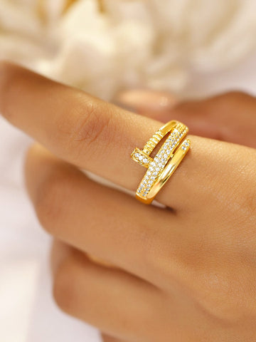 Rubans Voguish 18K Gold-Plated White Cubic Zirconia Studded Sleek Adjustable Finger Ring Rings