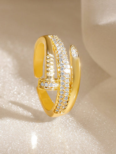 Rubans Voguish 18K Gold-Plated White Cubic Zirconia Studded Sleek Adjustable Finger Ring Rings