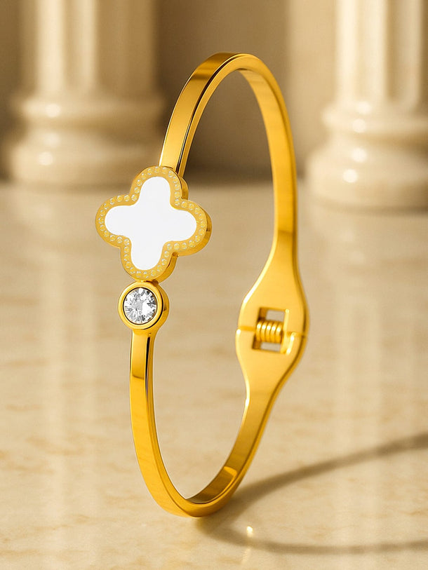 Rubans Voguish 18K Gold-Plated White Enamel Clover Motif Stainless Steel Tarnish Free Waterproof Bracelet Bracelet