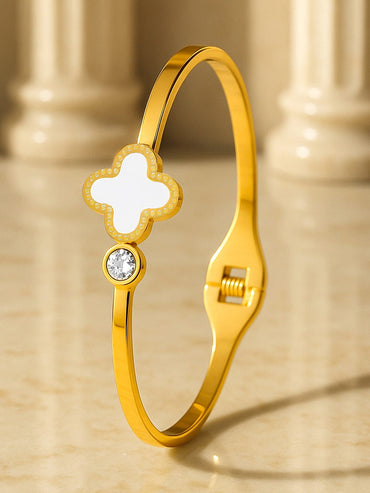 Rubans Voguish 18K Gold-Plated White Enamel Clover Motif Stainless Steel Tarnish Free Waterproof Bracelet Wristwear