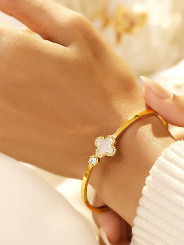 Rubans Voguish 18K Gold-Plated White Enamel Clover Motif Stainless Steel Tarnish Free Waterproof Bracelet Wristwear
