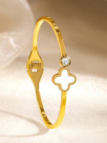 Rubans Voguish 18K Gold-Plated White Enamel Clover Motif Stainless Steel Tarnish Free Waterproof Bracelet Wristwear