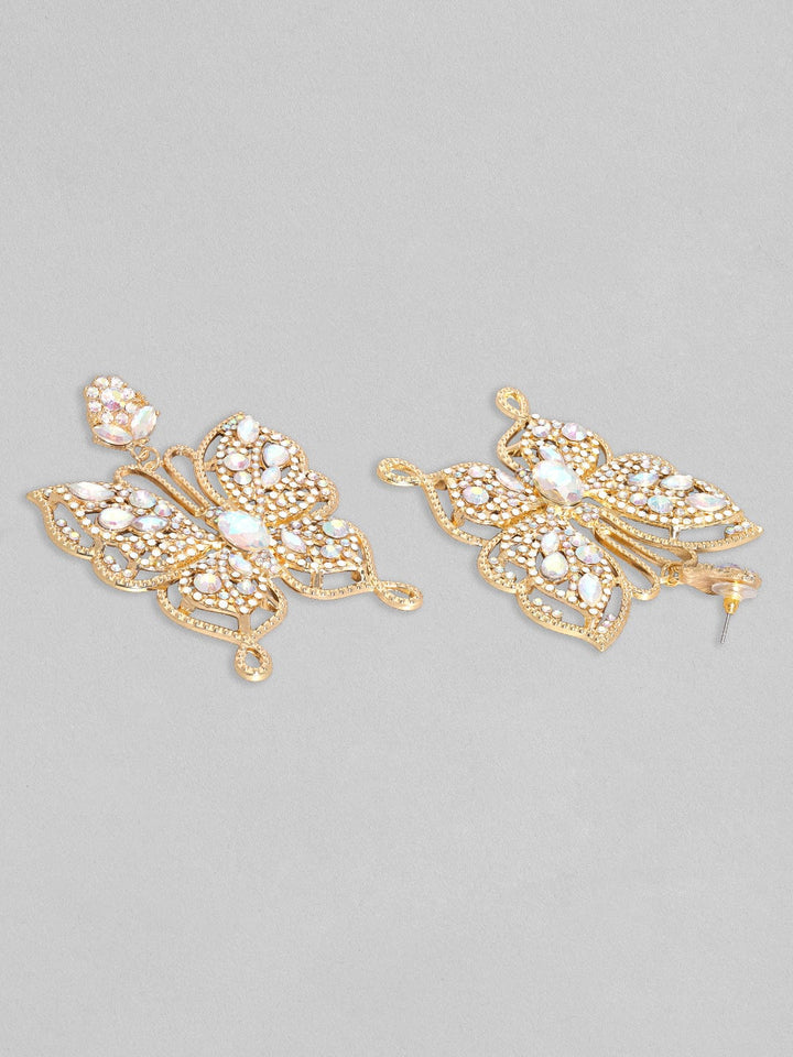 Rubans Voguish 18K Gold Toned White Zircons Studded Butterfly Dangle Earring Earrings