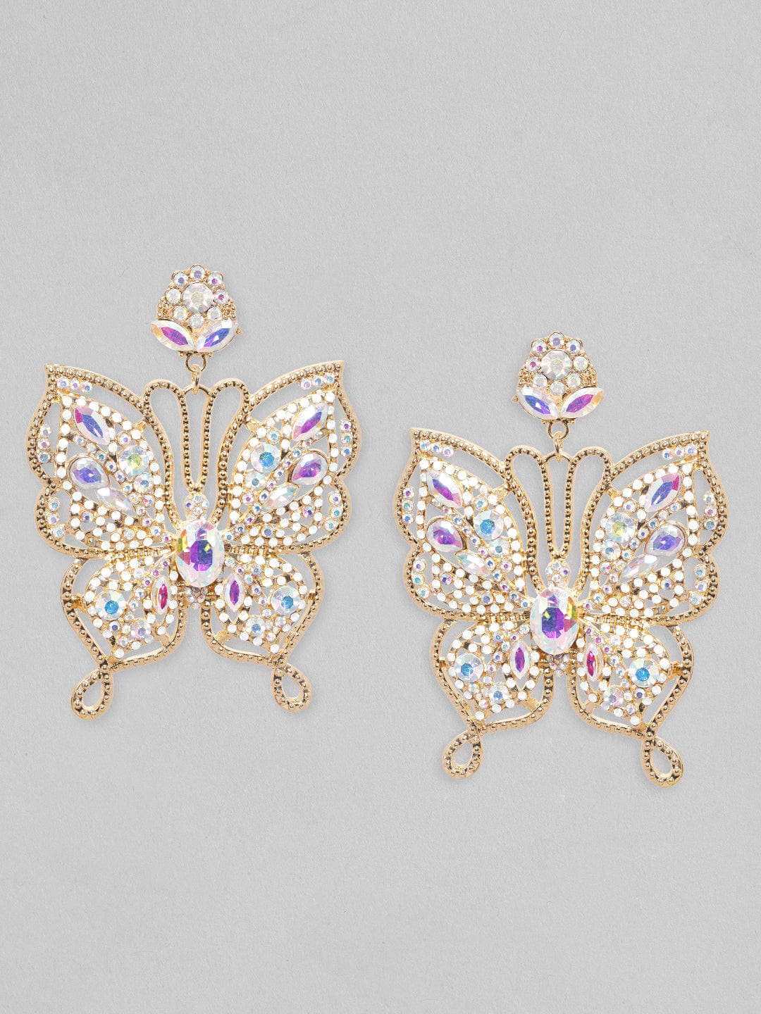 Rubans Voguish 18K Gold Toned White Zircons Studded Butterfly Dangle Earring Earrings