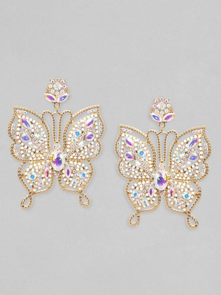 Rubans Voguish 18K Gold Toned White Zircons Studded Butterfly Dangle Earring Earrings