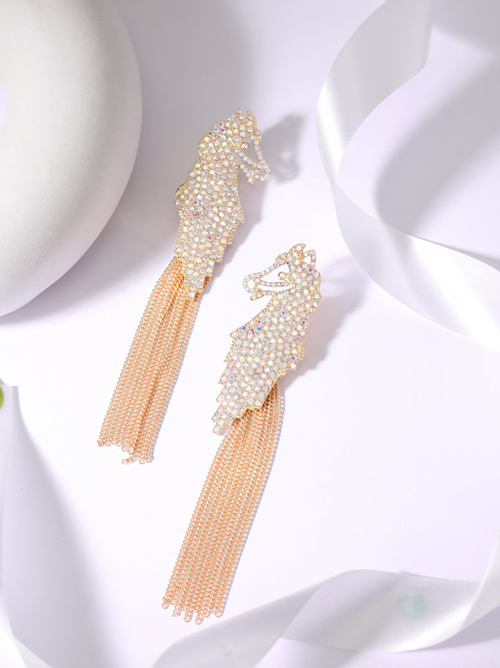 Rubans Voguish 18K Gold Toned White Zircons Studded Gold Tassels Dangle Earrings Earrings