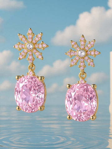 Rubans Voguish 22K Gold-Plated AD & Cubic Zirconia Snowflake Stud Earrings with Pink Oval Drop Stones Drops