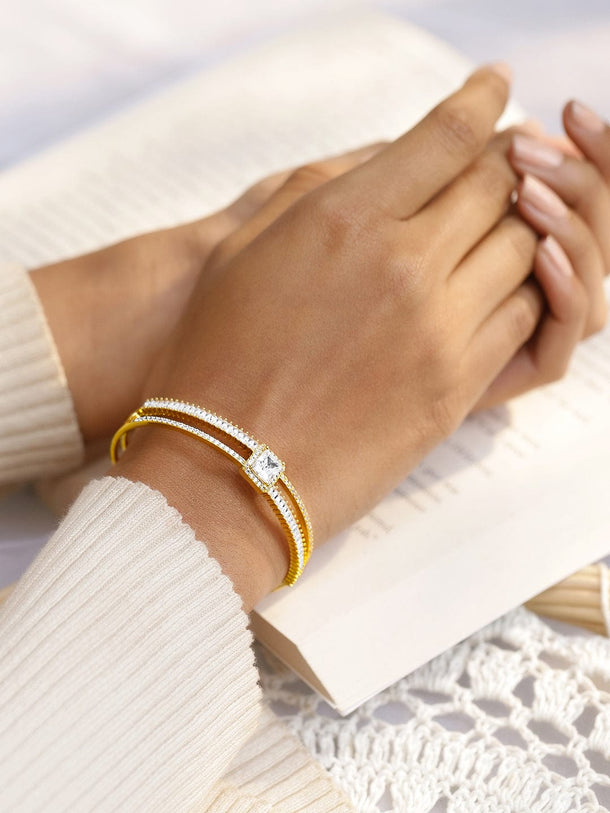 Rubans Voguish 22K Gold-Plated Cubic Zirconia & AD Studded Dual Row Cuff Bracelet Bangles & Bracelet