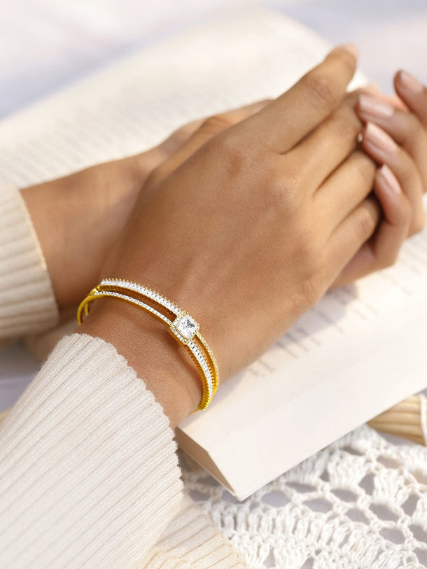 Rubans Voguish 22K Gold-Plated Cubic Zirconia & AD Studded Dual Row Cuff Bracelet Wristwear