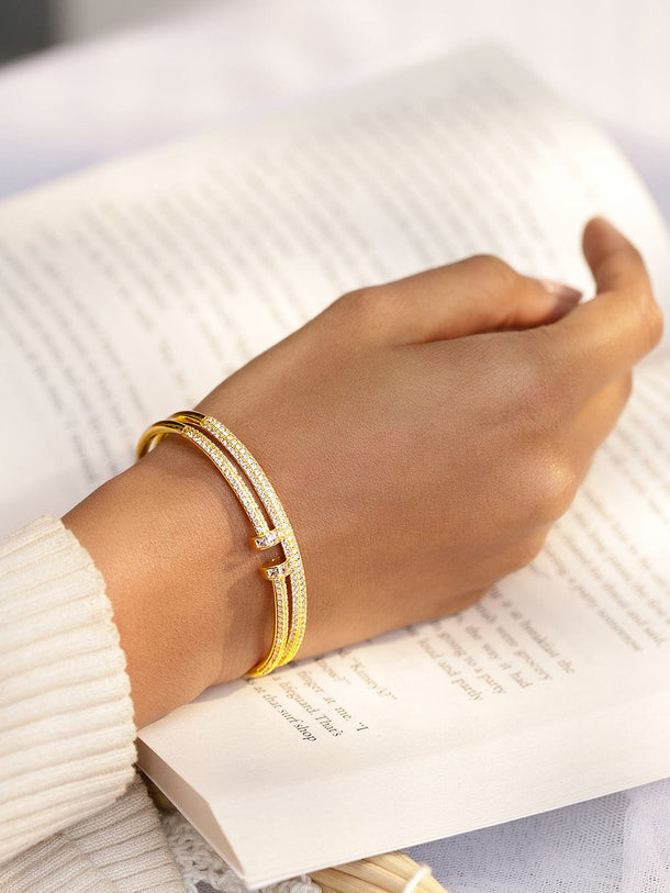 Rubans Voguish 22K Gold-Plated Dual-Band Open Cuff Bracelet with Cubic Zirconia Bangles & Bracelet