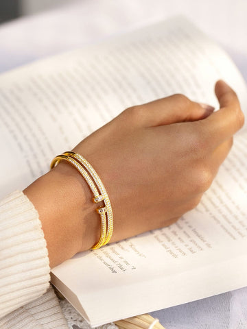 Rubans Voguish 22K Gold-Plated Dual-Band Open Cuff Bracelet with Cubic Zirconia Wristwear