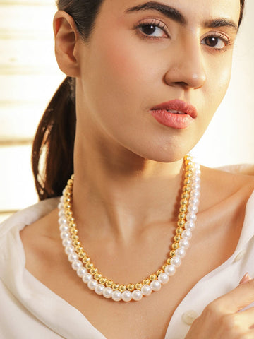 Rubans Voguish 22K Gold-Plated Dual Layer Necklace with White Pearls & Golden Beads Chain & Necklace