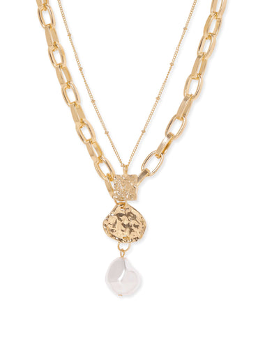 Rubans Voguish 22K Gold plated Link chain layered pearl charm Statement copper necklace Necklace