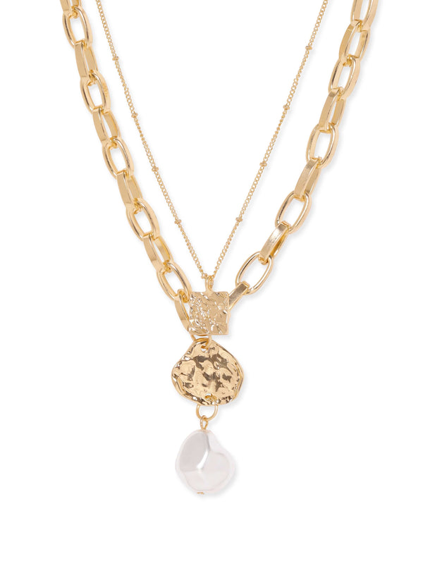 Rubans Voguish 22K Gold plated Link chain layered pearl charm Statement copper necklace Necklace