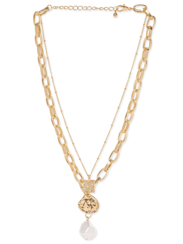 Rubans Voguish 22K Gold plated Link chain layered pearl charm Statement copper necklace Necklace