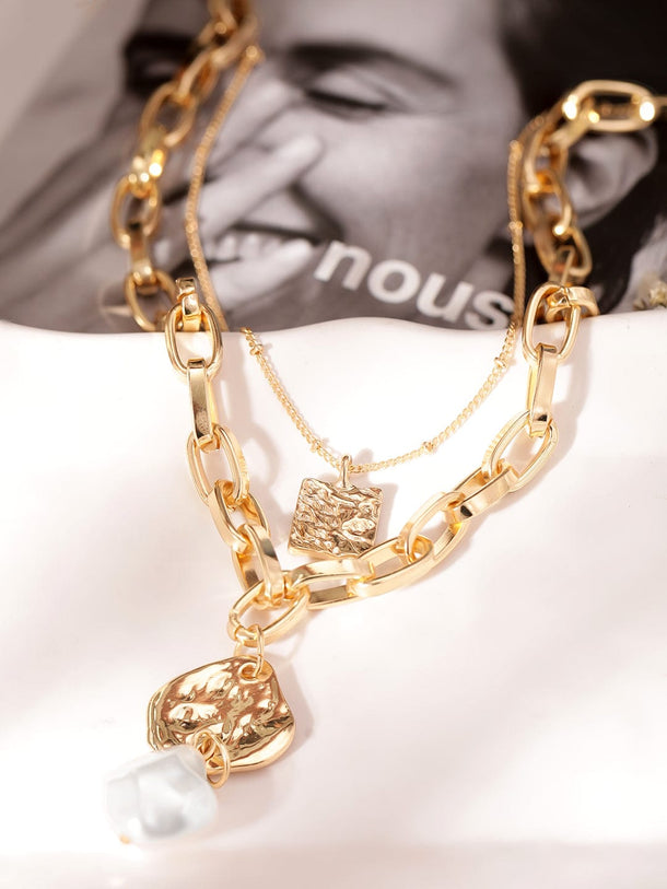 Rubans Voguish 22K Gold plated Link chain layered pearl charm Statement copper necklace Necklace