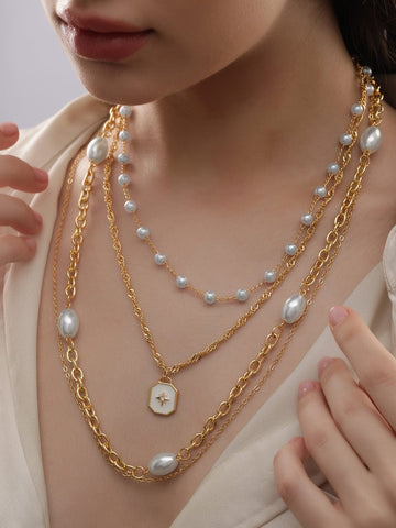 Rubans Voguish 22K Gold Plated Link Chain Pearl Beaded Multilayer Copper Necklace Necklaces