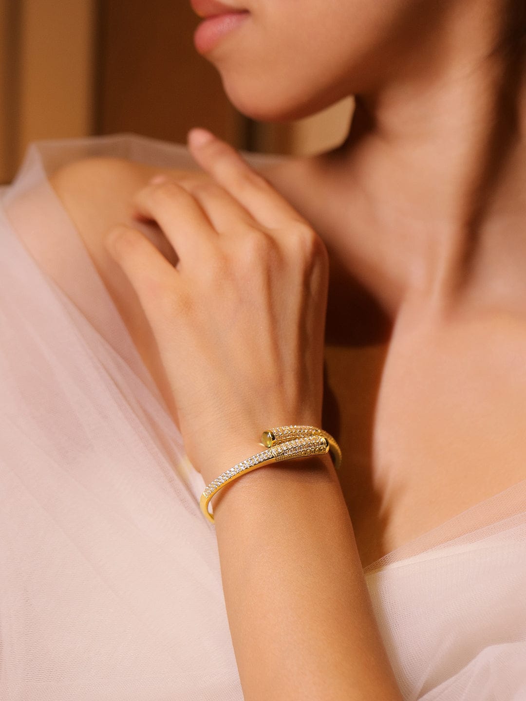 Rubans Voguish 22K Gold-Plated Open Cuff Bracelet with Cubic Zirconia and Green Gemstone Wristwear