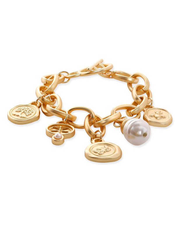 Rubans Voguish 22K Gold Plated Pearl Beaded Charm Dangle Link Chain Copper Bracelet Bangles & Bracelets