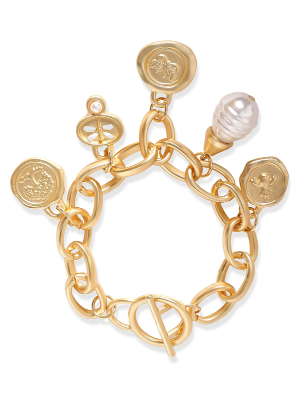 Rubans Voguish 22K Gold Plated Pearl Beaded Charm Dangle Link Chain Copper Bracelet Bangles & Bracelets
