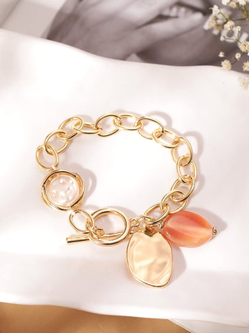 Rubans Voguish 22K Gold plated Pearl beaded link chain copper bracelet Bangles & Bracelets