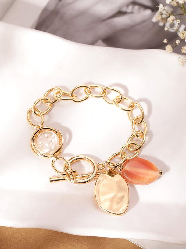 Rubans Voguish 22K Gold plated Pearl beaded link chain copper bracelet Bangles & Bracelets