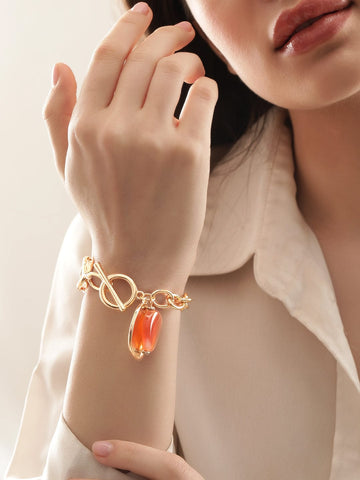 Rubans Voguish 22K Gold plated Pearl beaded link chain copper bracelet Bangles & Bracelets