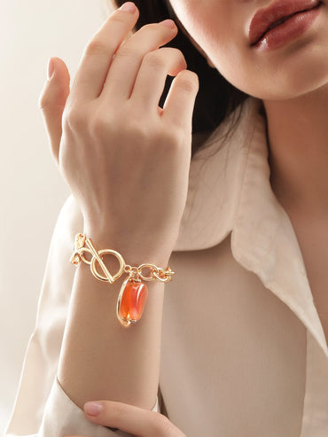 Rubans Voguish 22K Gold plated Pearl beaded link chain copper bracelet Bangles & Bracelets