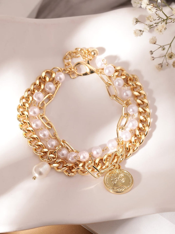 Rubans Voguish 22K Gold plated Pearl beaded link chain multilayered bracelet Bangles & Bracelets