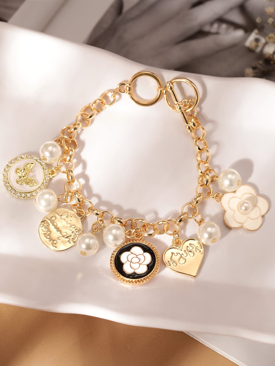 Golden Pearl Coin Chain Charm Combo Bracelet - Tiaraa