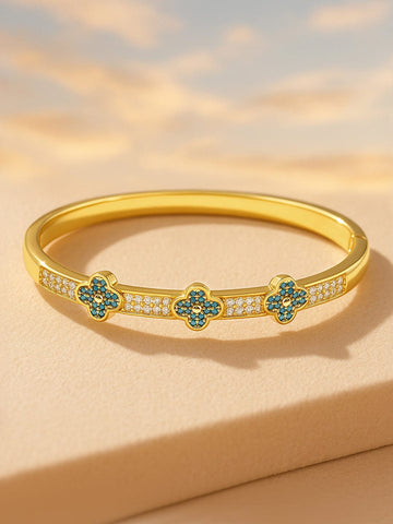 Rubans Voguish 22K Gold-Plated Turquoise Enamel Floral Cuff Bracelet with Cubic Zirconia Bangles & Bracelet