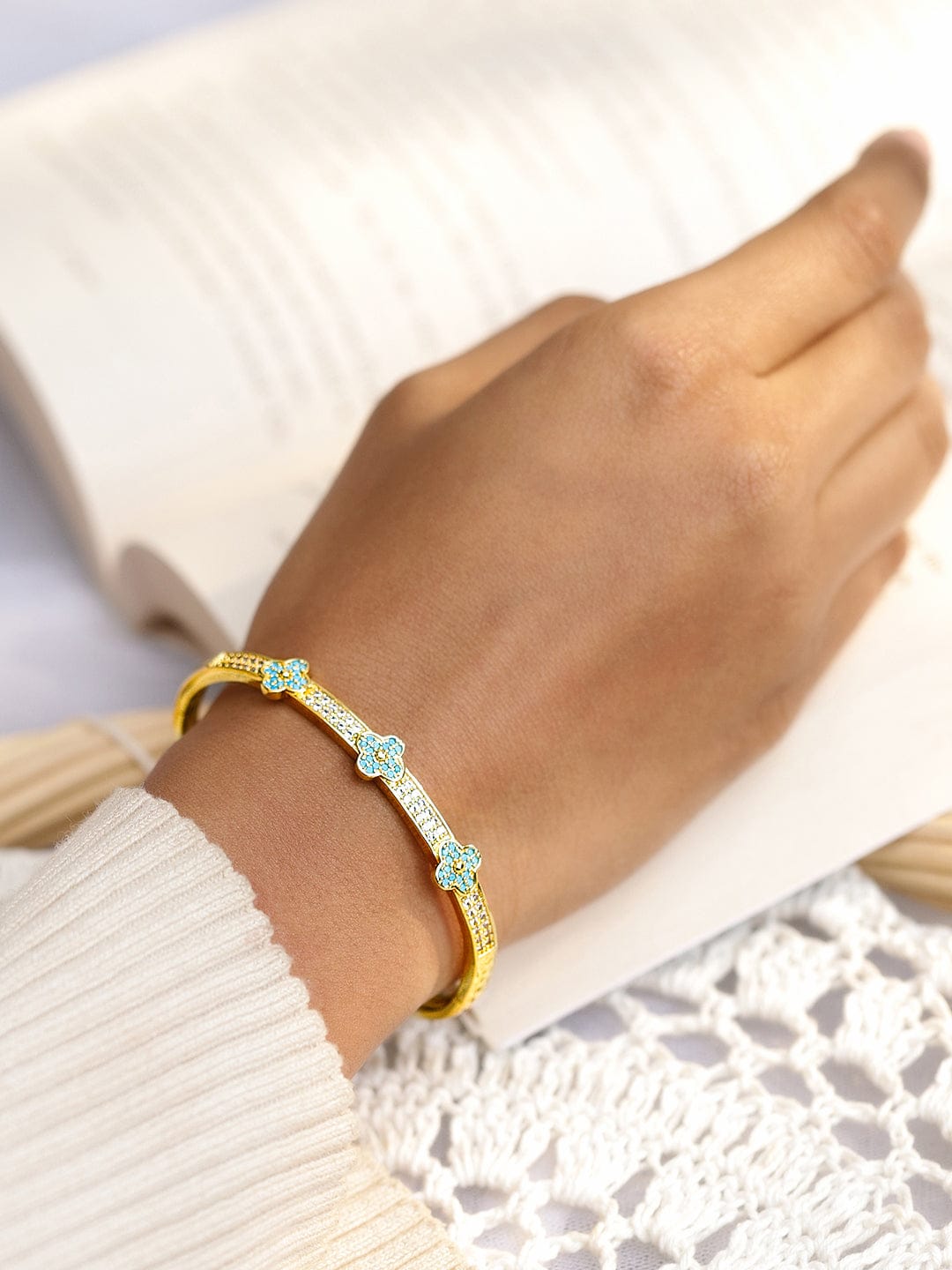 Rubans Voguish 22K Gold-Plated Turquoise Enamel Floral Cuff Bracelet with Cubic Zirconia Wristwear