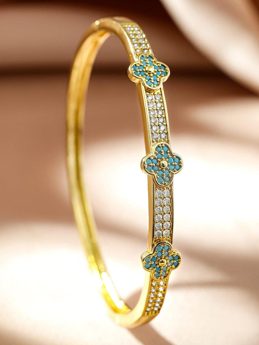 Rubans Voguish 22K Gold-Plated Turquoise Enamel Floral Cuff Bracelet with Cubic Zirconia Wristwear