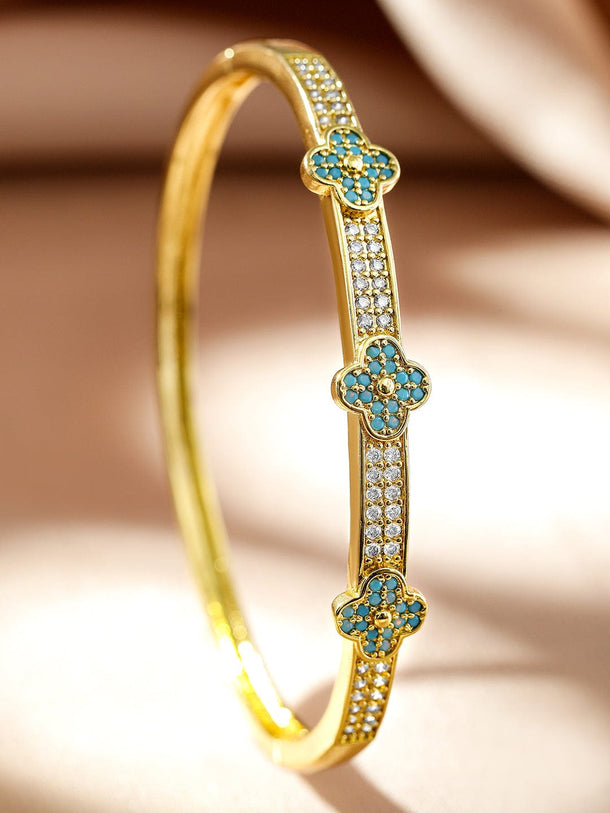 Rubans Voguish 22K Gold-Plated Turquoise Enamel Floral Cuff Bracelet with Cubic Zirconia Wristwear