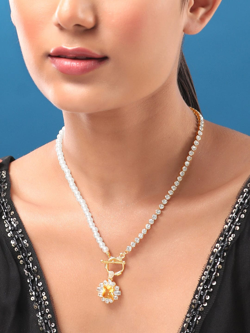 Rubans Voguish Chain & Pearl Multi Textured Pendant Necklace Necklaces, Necklace Sets, Chains & Mangalsutra