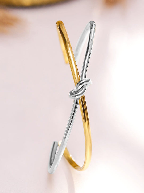 Rubans Voguish Dual Plated Gold & Silver Stainless Steel Tarnish-Free Waterproof Open Cuff Knot Bracelet Wristwear