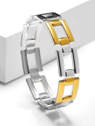 Rubans Voguish Dual-Plated in Silver & 18K Gold Chunky Geometric Link Statement Bracelet Wristwear
