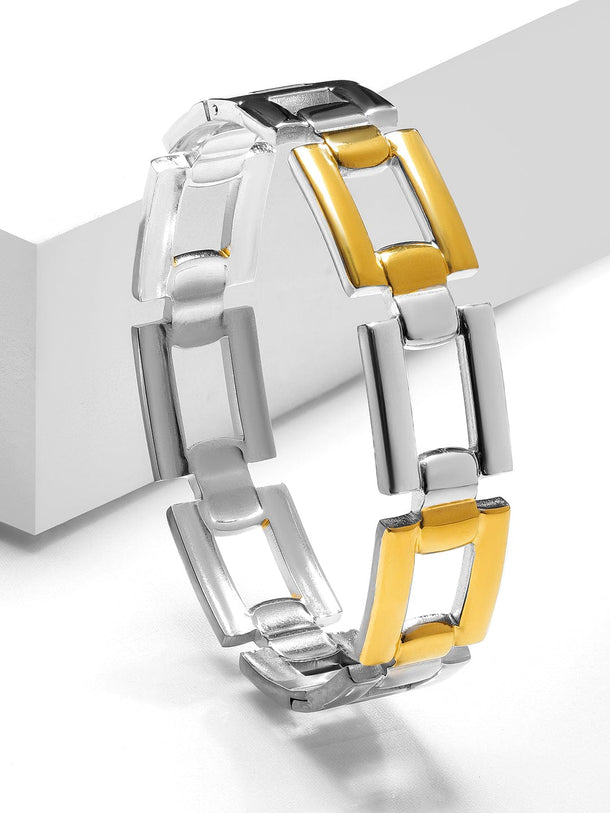 Rubans Voguish Dual-Plated in Silver & 18K Gold Chunky Geometric Link Statement Bracelet Wristwear
