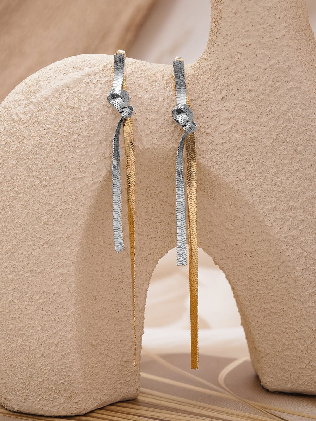 Rubans Voguish Dual-Plated Knotted Gold & Silver Bold Long Tassel Drop Earrings Earrings