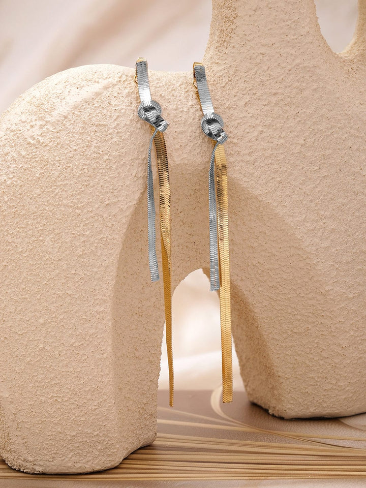 Rubans Voguish Dual-Plated Knotted Gold & Silver Bold Long Tassel Drop Earrings Earrings