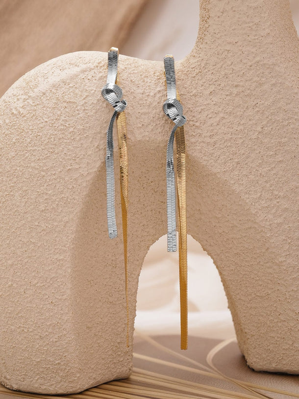 Rubans Voguish Dual-Plated Knotted Gold & Silver Bold Long Tassel Drop Earrings Earrings