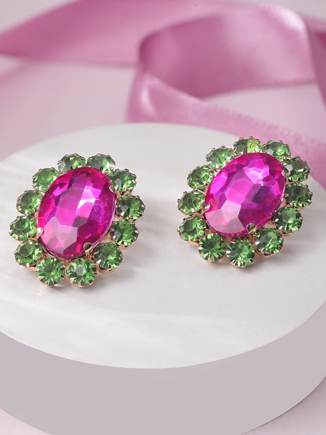 Rubans Voguish Enchanting Blossoms: Pink and Green AD Stud Earrings Earrings