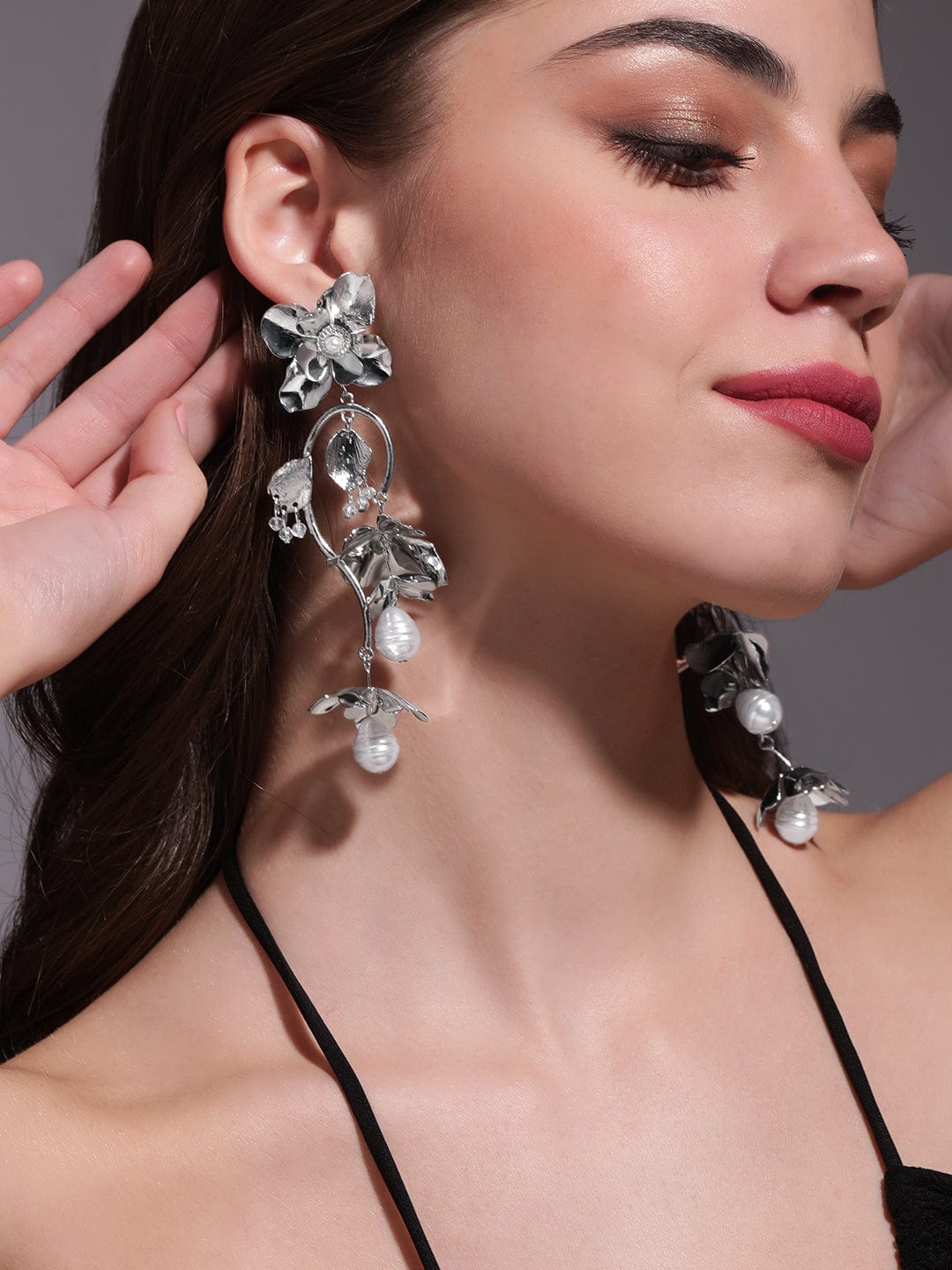 Rubans Voguish Eternal Bloom Silver Long Flower Chandelier Earrings Earrings