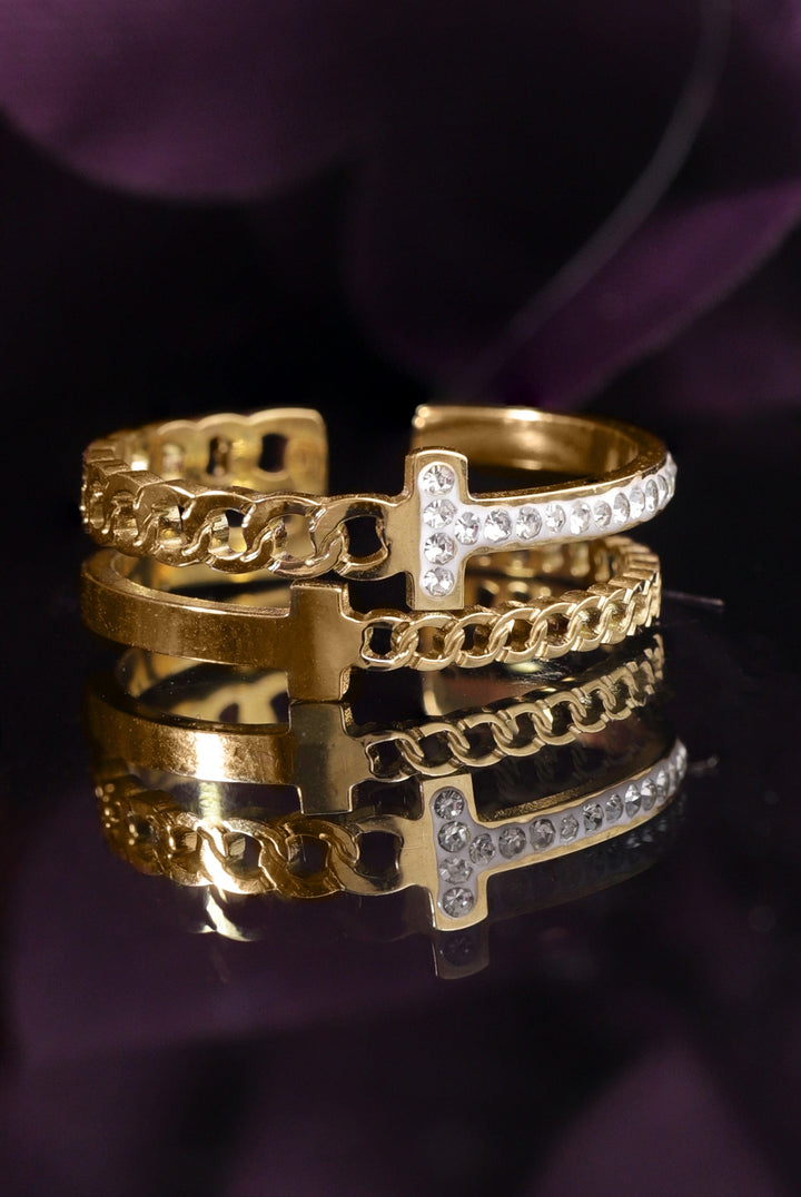 Rubans Voguish Gold-Plated CZ-Studded Adjustable Finger Ring Rings