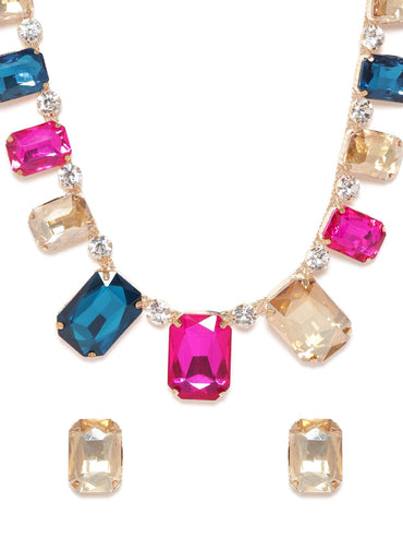 Rubans Voguish Gold plated Pink & Blue Zirconia Statement Necklace Set Necklace & Earring Combo
