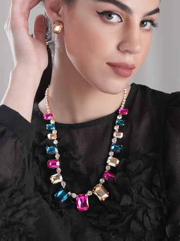 Rubans Voguish Gold plated Pink & Blue Zirconia Statement Necklace Set Necklace & Earring Combo