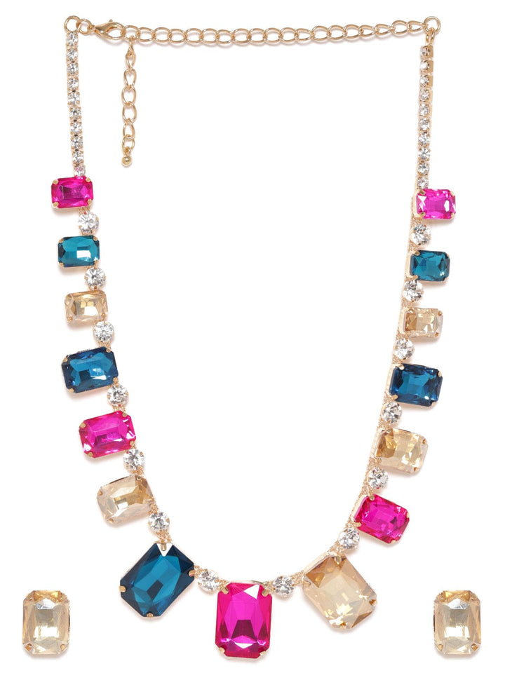 Rubans Voguish Gold plated Pink & Blue Zirconia Statement Necklace Set Necklace & Earring Combo