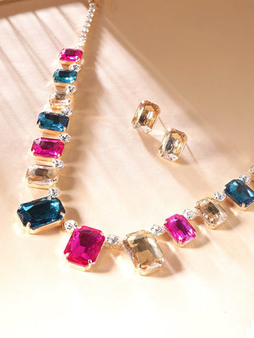 Rubans Voguish Gold plated Pink & Blue Zirconia Statement Necklace Set Necklace & Earring Combo