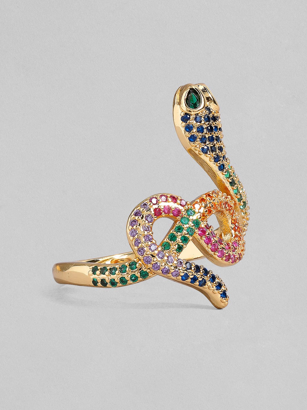 Rubans Voguish Gold Plated Pink, Green & White Stone Studded Snake Shaped Party Wear Ring. Rings