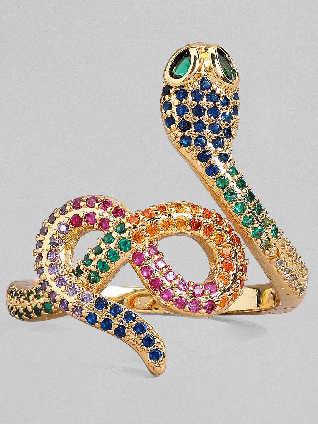 Rubans Voguish Gold Plated Pink, Green & White Stone Studded Snake Shaped Party Wear Ring. Rings